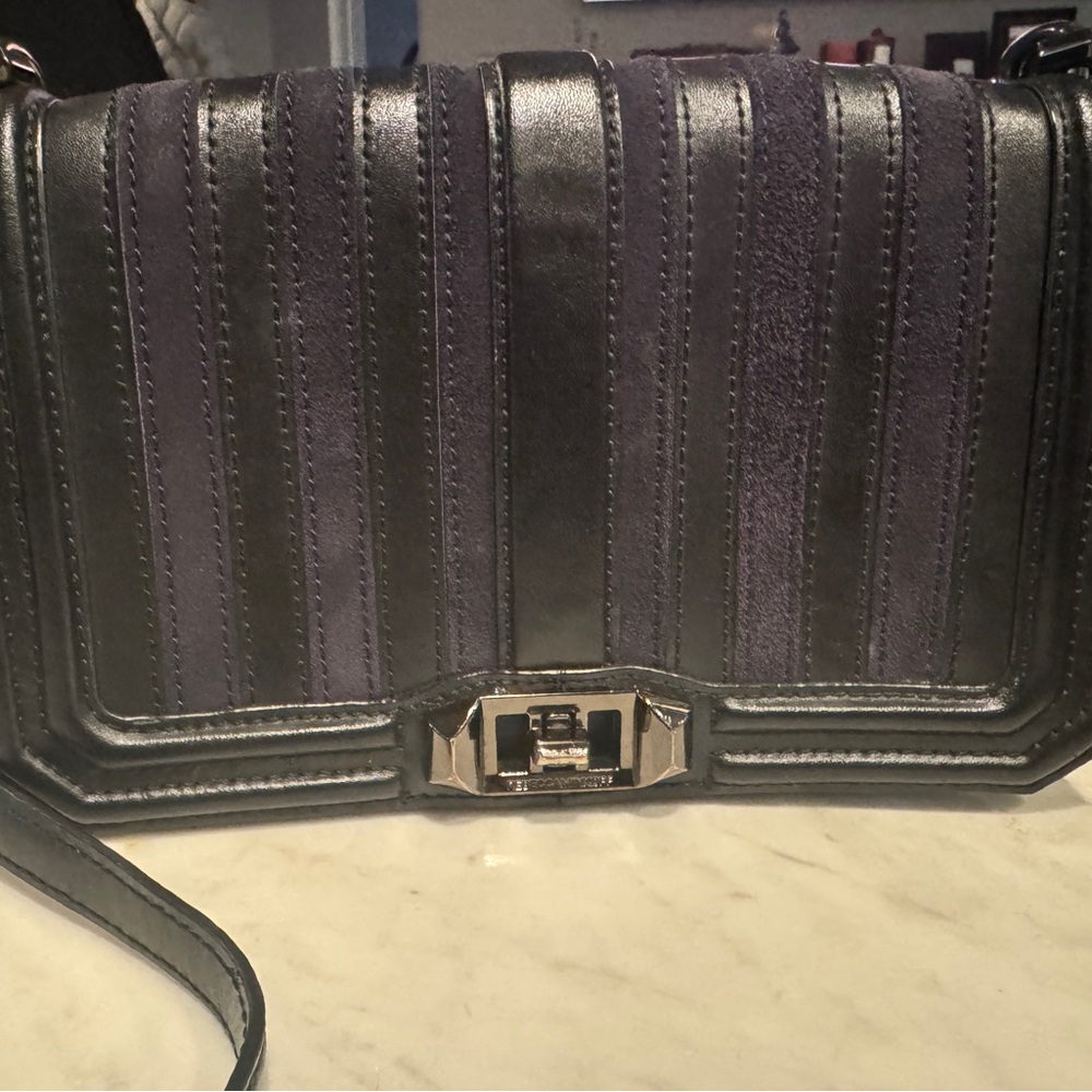 Rebecca Minkoff Love Stripe Crossbody Bag in black leather and suede